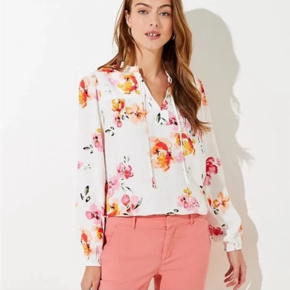 Loft Blossom pink floral split neck long sleeve blouse, size small